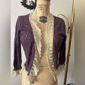 Nick & Mo Purple and Lace Trim Cropped Cardigan